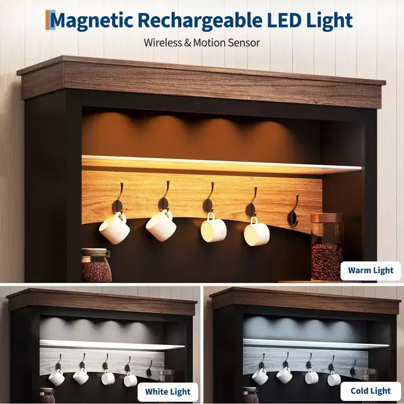 Credenza da fattoria per angolo caffè con luci a LED alta 183 cm, ripiani regolabili, ante e cassetto, ripiano in vetro, ampio spazio contenitore per buffet