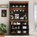 Credenza da fattoria per angolo caffè con luci a LED alta 183 cm, ripiani regolabili, ante e cassetto, ripiano in vetro, ampio spazio contenitore per buffet