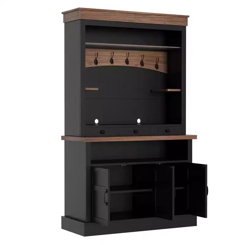 Credenza da fattoria per angolo caffè con luci a LED alta 183 cm, ripiani regolabili, ante e cassetto, ripiano in vetro, ampio spazio contenitore per buffet
