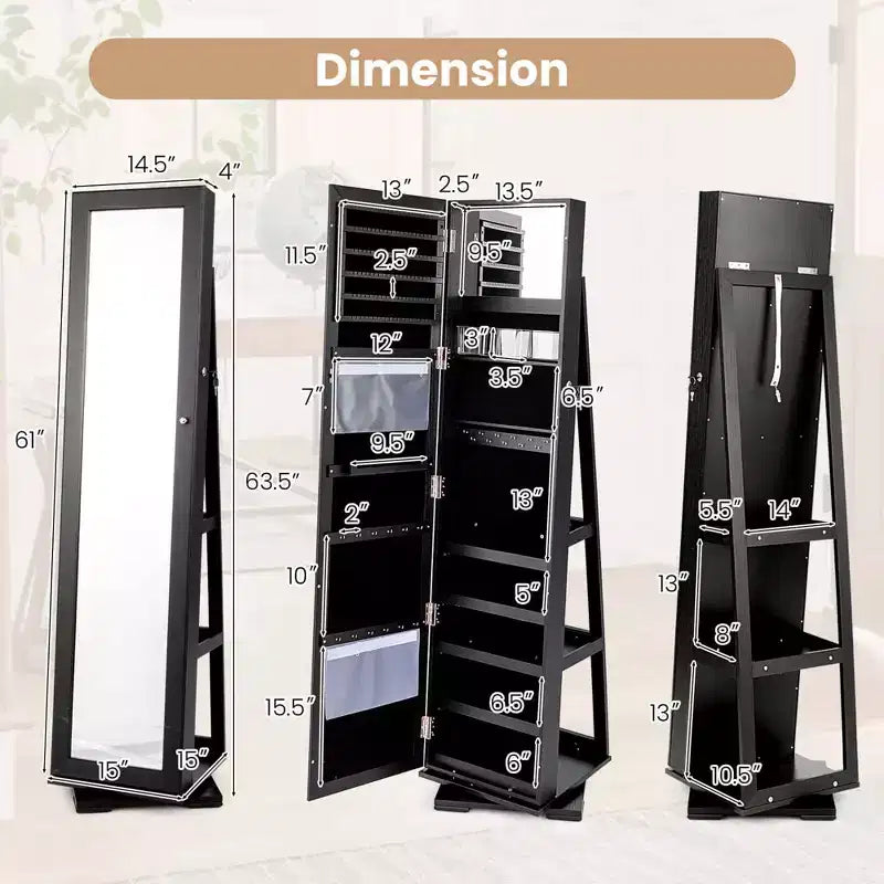Costway Armoire à bijoux rotative à 360° 2-en-1 Organiseur miroir verrouillable Blanc/Noir/Marron foncé/Gris/Bleu/Rose/Violet/Gris foncé