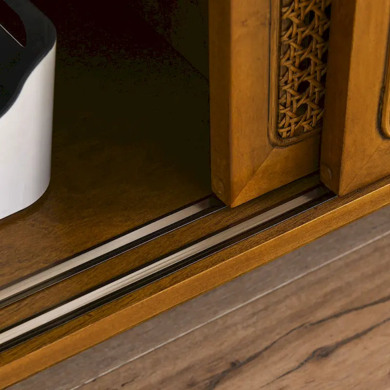Mobile TV vintage in rattan con 2 armadietti e 4 gambe in legno per soggiorno, camera da letto e ufficio