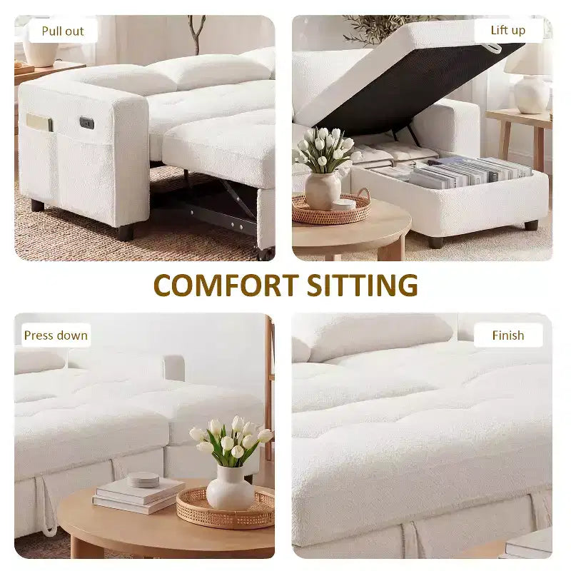 Divano Letto, Divano Estraibile a L da 81 pollici con Chaise Longue Reversibile e Contenitore/Porta USB/Tasca Laterale/Montaggio Senza Attrezzi, Velluto a Coste Beige