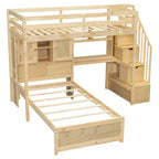 Lit superposé double en bois avec bureau et escalier, lit mezzanine double en L avec rangements et étagères