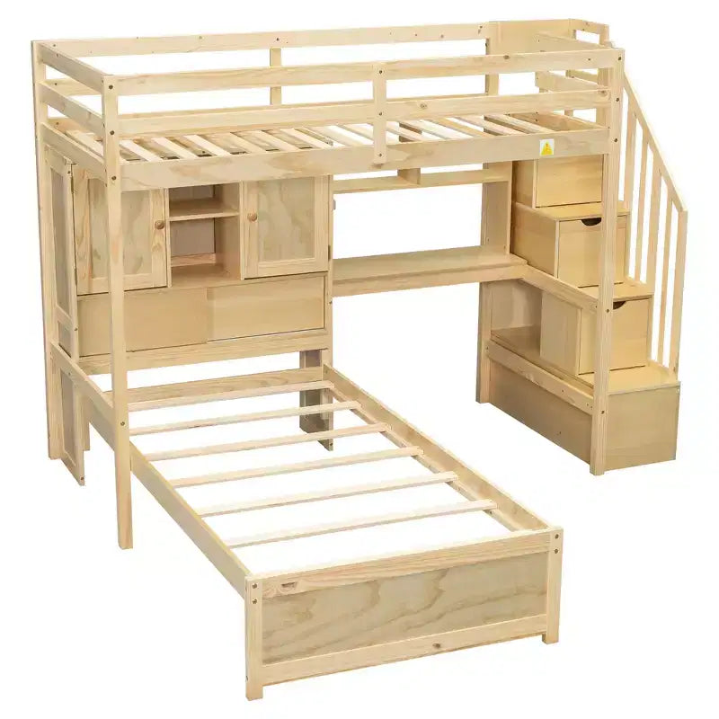 Letto a castello singolo in legno con scrivania e scala, letto a soppalco a L singolo su singolo con scomparti e ripiani per riporre oggetti
