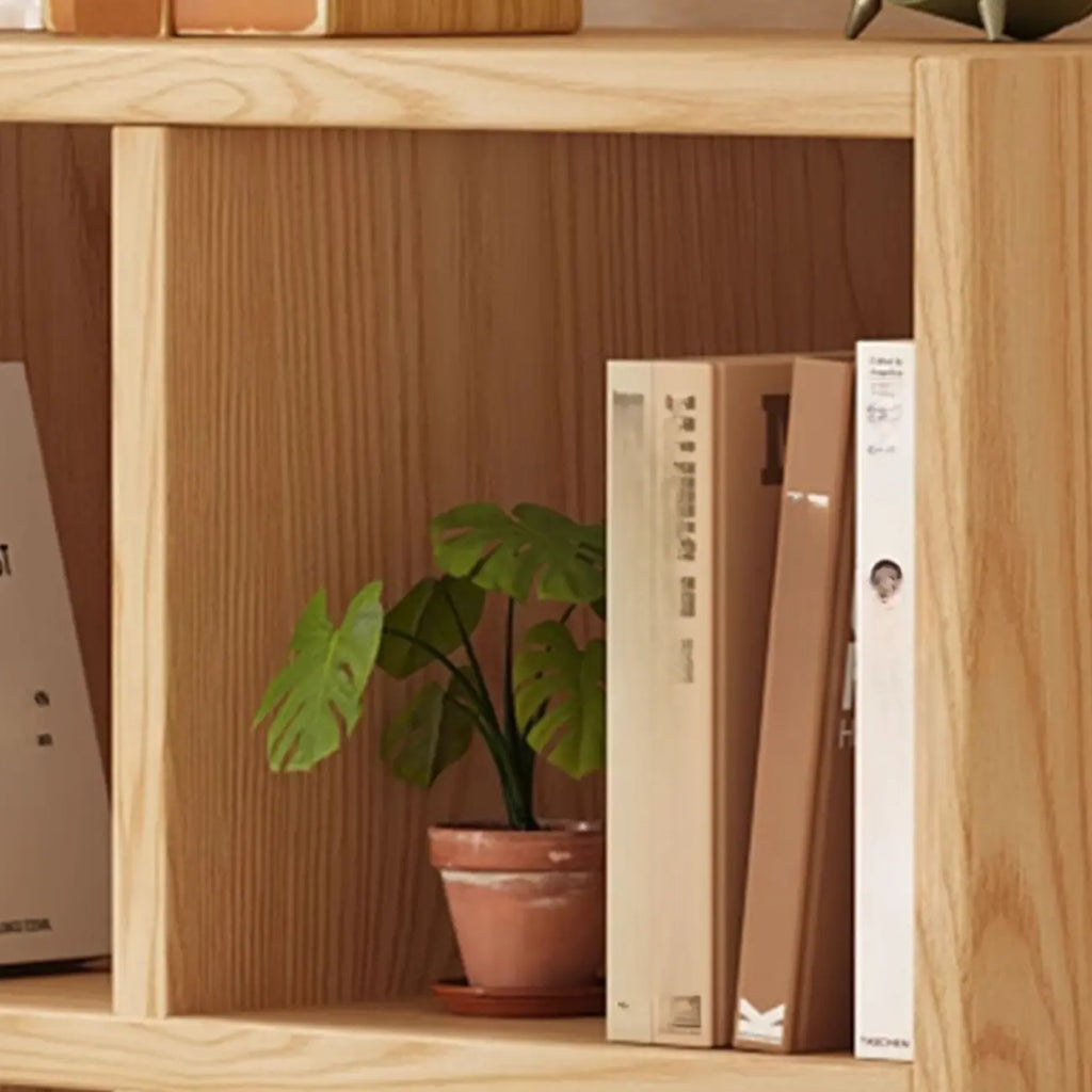 Libreria moderna orizzontale in legno a 8 cubi, finitura naturale