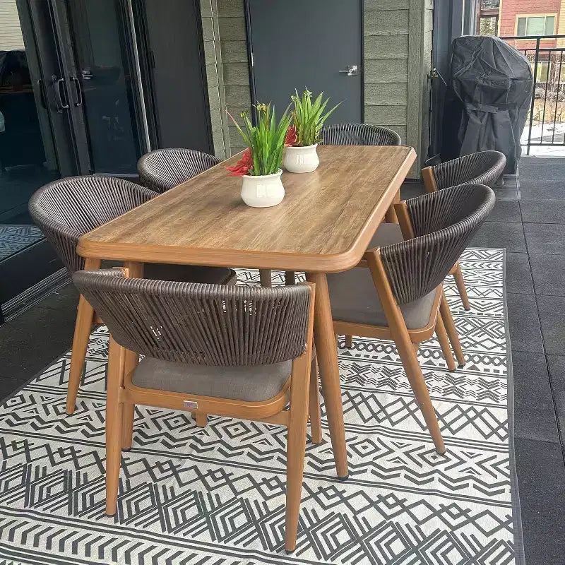 Ensemble de salle à manger d'extérieur PURPLE LEAF en osier tout temps avec table, cadre entièrement en aluminium pour pelouse, jardin, terrasse avec coussins