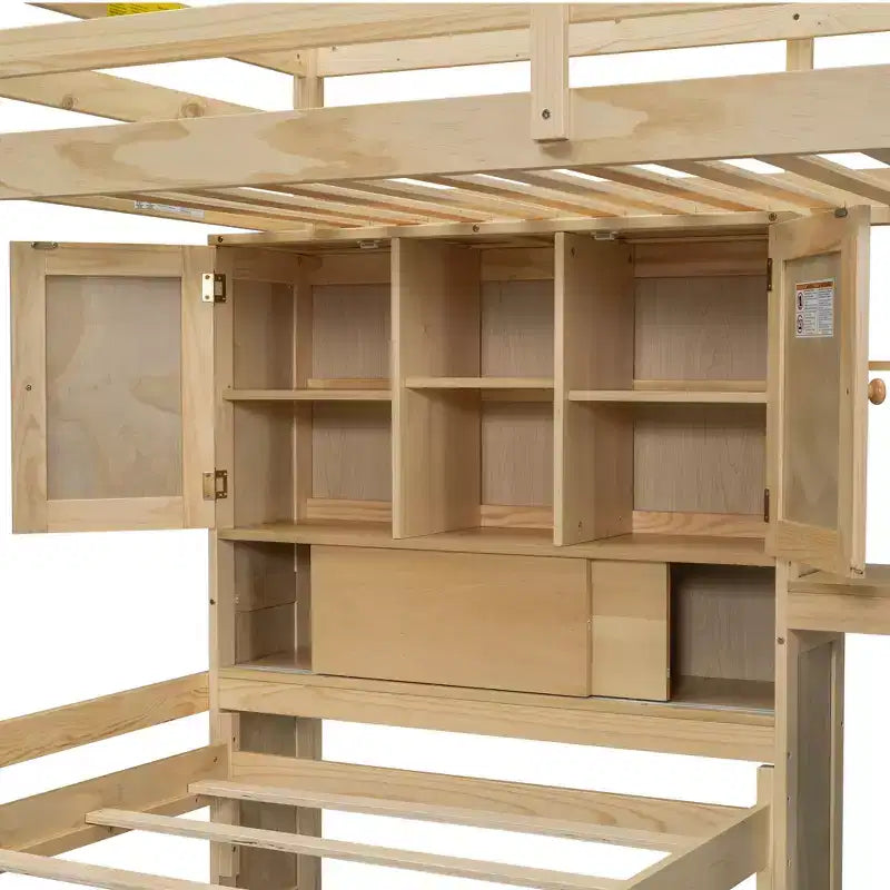 Lit superposé double en bois avec bureau et escalier, lit mezzanine double en L avec rangements et étagères