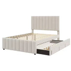 Lit plateforme rembourré pleine grandeur avec lit gigogne double et 3 tiroirs, tissu de lin, beige
