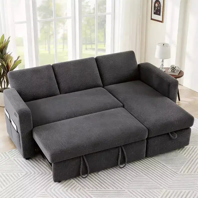 Canapé convertible 2 en 1 Dyonery avec méridienne de rangement, sectionnel en chenille avec ports USB pour salon