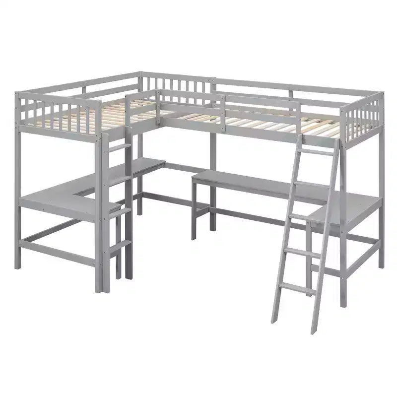 Letto a soppalco a L matrimoniale in legno da 119''L 79.5''W con scaletta e 2 scrivanie a L integrate