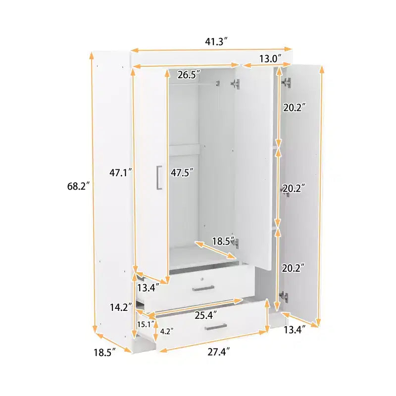 Guardaroba/Armadio a 3 ante Whisen Wood con asta appendiabiti, 2 cassetti e ripiani portaoggetti