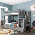 Letto a castello Full over Full con scaletta per bambini, struttura a castello matrimoniale con 6 cassetti e ringhiera per cameretta o dormitorio
