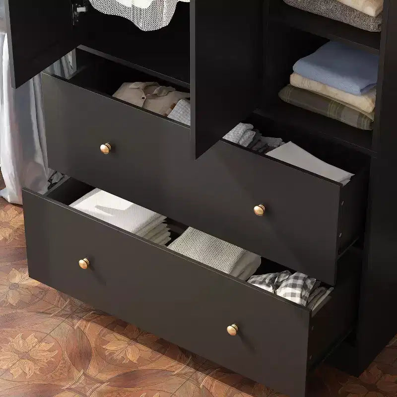 Armoire 2 portes avec miroir, tringle à vêtements et 2 tiroirs