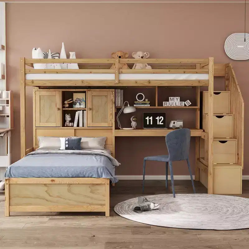 Lit superposé double en bois avec bureau et escalier, lit mezzanine double en L avec rangements et étagères