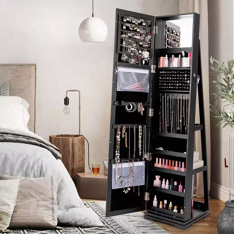 Costway Armoire à bijoux rotative à 360° 2-en-1 Organiseur miroir verrouillable Blanc/Noir/Marron foncé/Gris/Bleu/Rose/Violet/Gris foncé