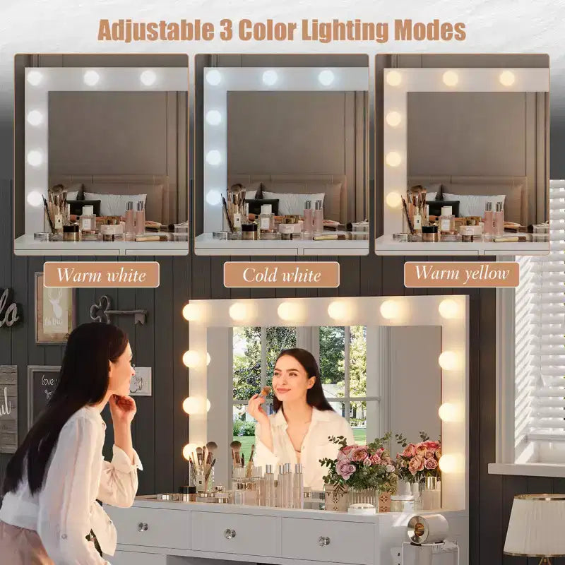 Toeletta con Specchio e Luci LED, Trucchi da Trucco Bianco con 11 Cassetti e una Presa di Corrente, 3 Modalità Colore e Luminosità Regolabile