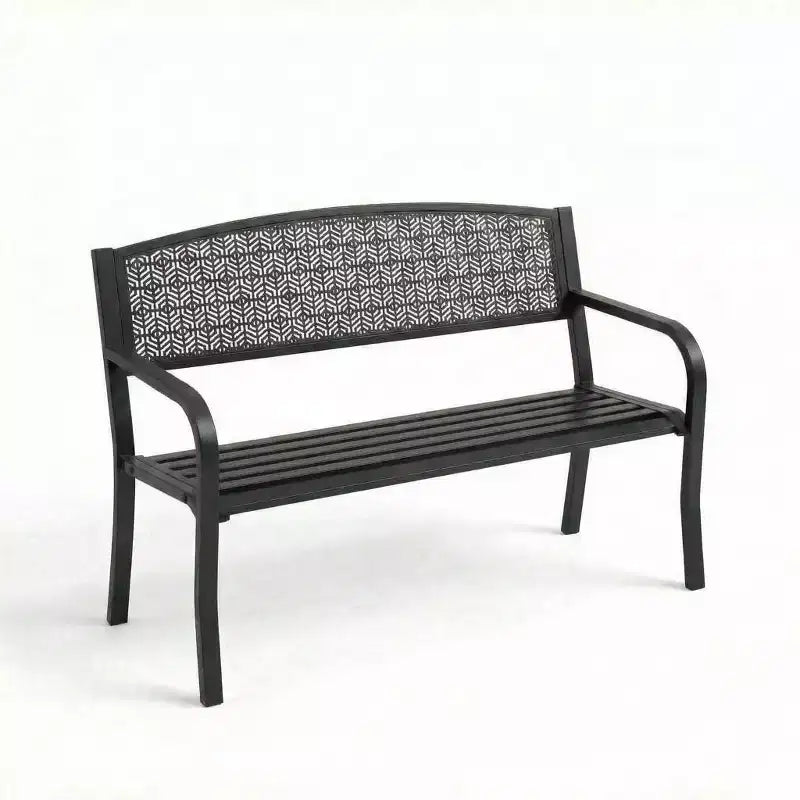 Panca in metallo per esterni a 2 posti per giardino, mobile con panchine in acciaio con schienale geometrico per patio, giardino e portico