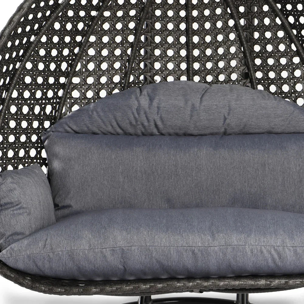 LeisureMod Sedia a Uovo Sospesa per 2 Persone con Supporto - Dondolo Pensile per Esterni/Interni in Rattan Intrecciato con Cuscini