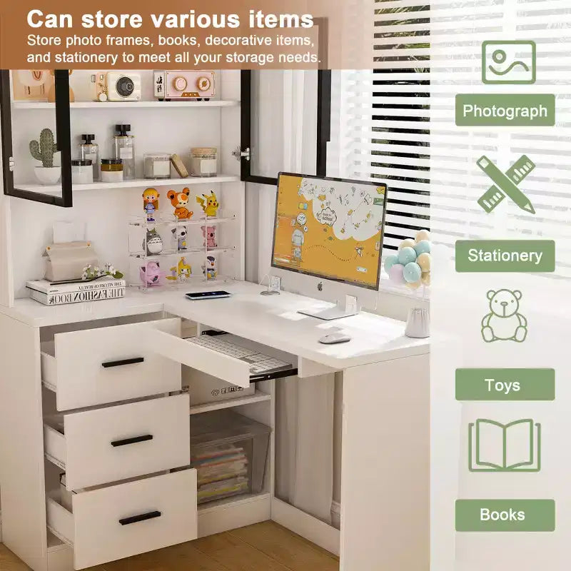 Scrivania JVNOXK con mobile in vetro e illuminazione LED integrata, scrivania angolare a L, con porte di ricarica USB e vassoio per tastiera, bianca