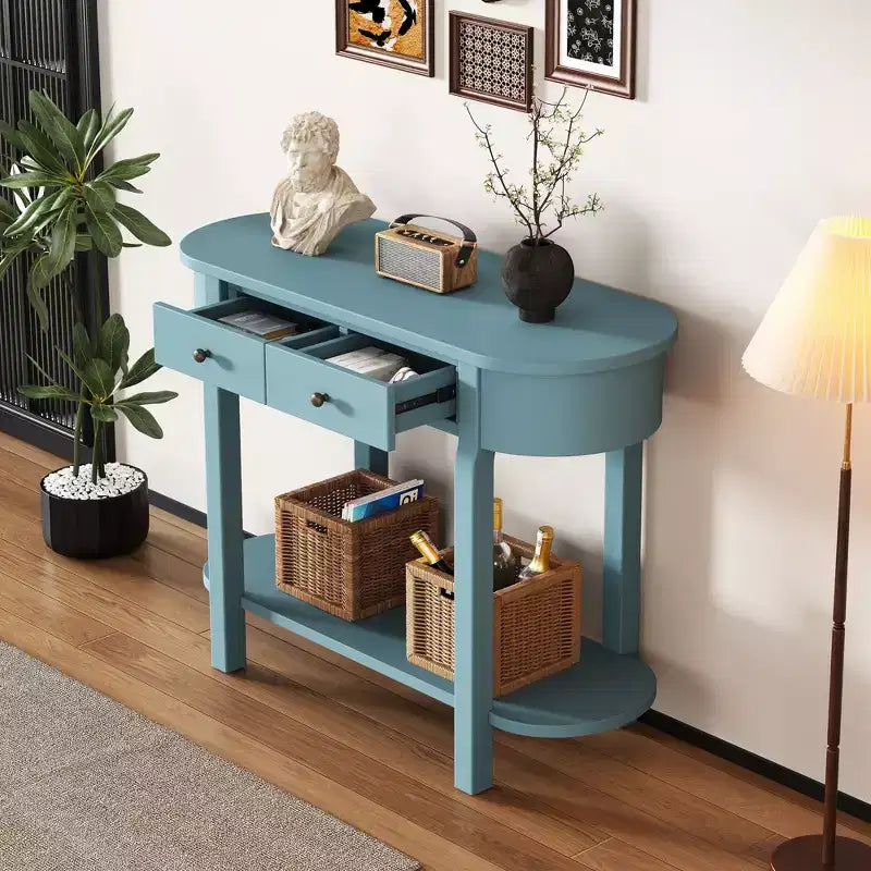 Table console élégante Okak avec finition lisse, table d'entrée avec design incurvé et 2 tiroirs, table d'appoint pour salon, couloir