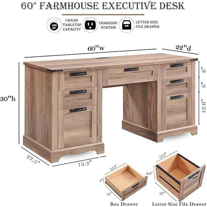 Scrivania direzionale da 60 pollici in stile rustico, scrivania per ufficio domestico in legno, scrivania per computer
