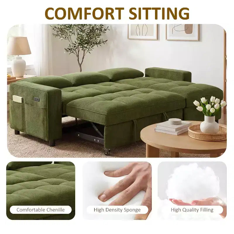 Divano Letto, Divano Estraibile a L da 81 pollici con Chaise Longue Reversibile e Contenitore/Porta USB/Tasca Laterale/Montaggio Senza Attrezzi, Velluto a Coste Beige