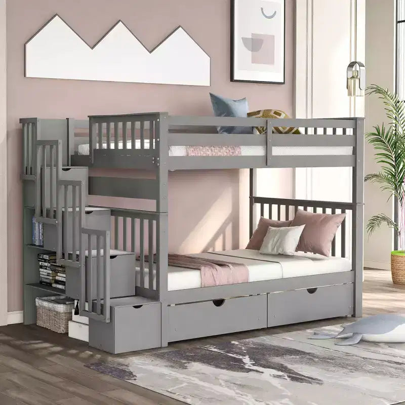 Letto a castello Full over Full con scaletta per bambini, struttura a castello matrimoniale con 6 cassetti e ringhiera per cameretta o dormitorio
