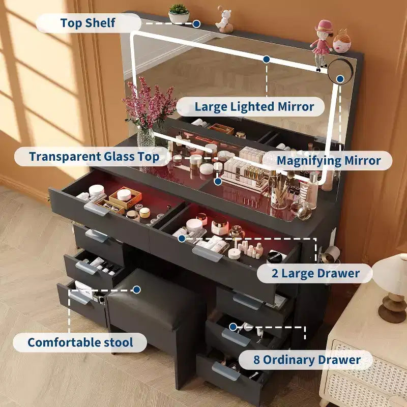 Coiffeuse avec grand miroir et lumières, ensemble coiffeuse de maquillage avec plateau en verre, prise électrique, tabouret, table de chevet pour chambre à coucher