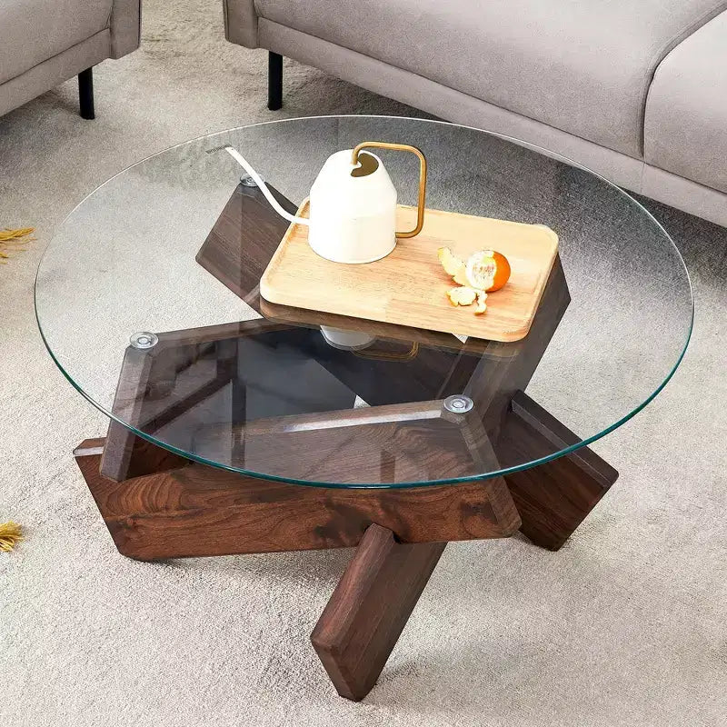 Table basse circulaire moderne en verre Okak, petite table à thé au design distinctif avec pieds en bois pour salon, réception, bureau, fermes