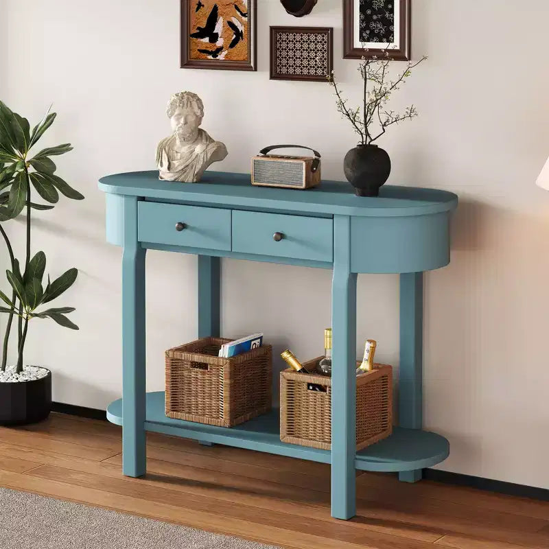 Table console élégante Okak avec finition lisse, table d'entrée avec design incurvé et 2 tiroirs, table d'appoint pour salon, couloir