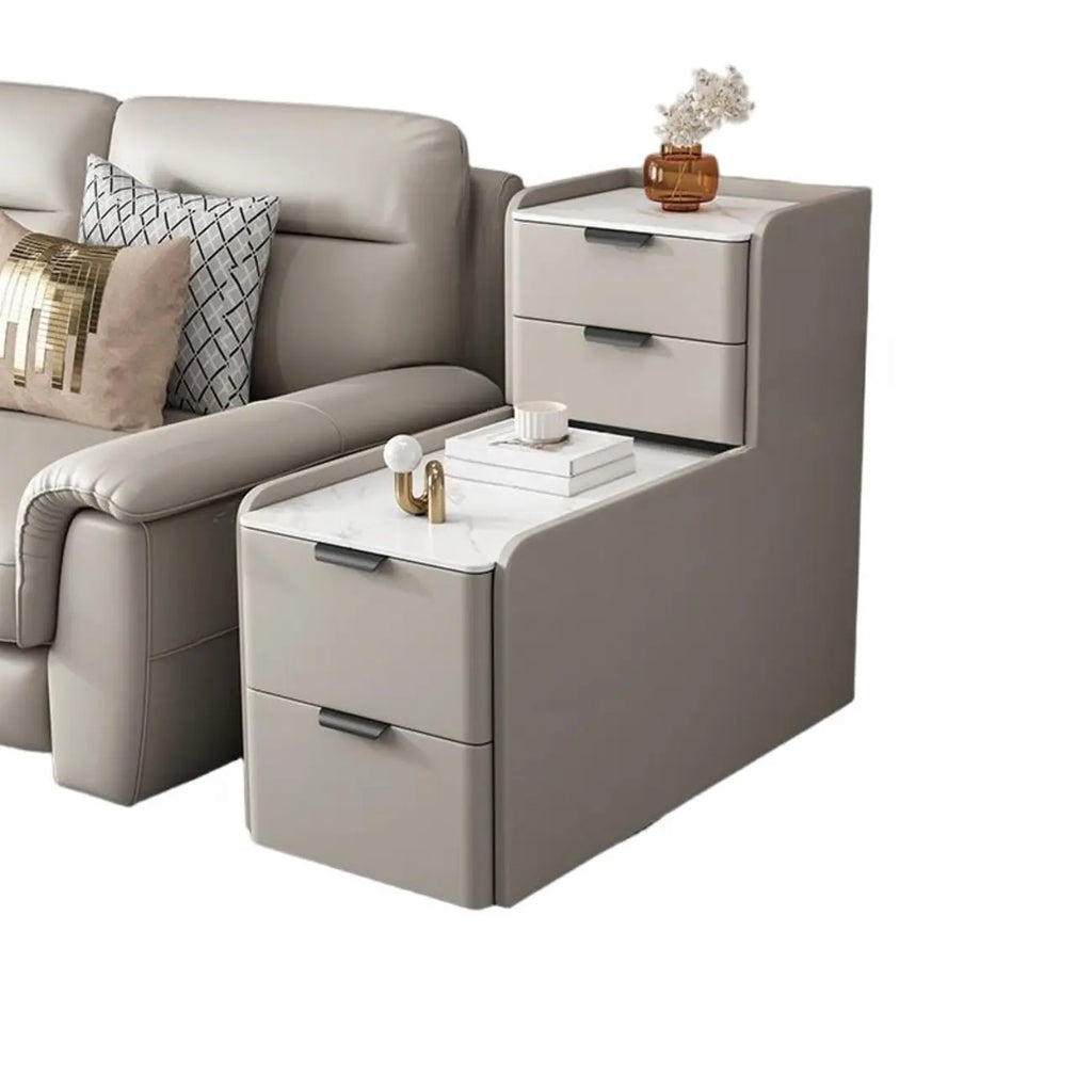 Tavolino da divano a L alto in legno con piano in pietra e 4 cassetti