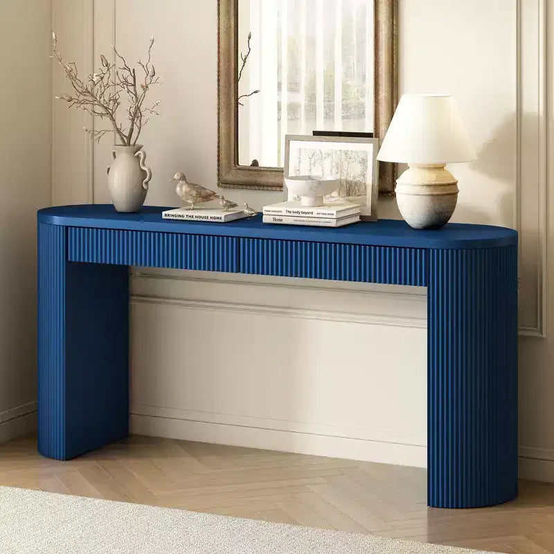 Consolle da 147,8 cm con Gambe Robuste Ad Arco Regolabili, Tavolo da Ingresso con Ampio Piano e Doppio Cassetto, Tavolino d'Appoggio per Soggiorno
