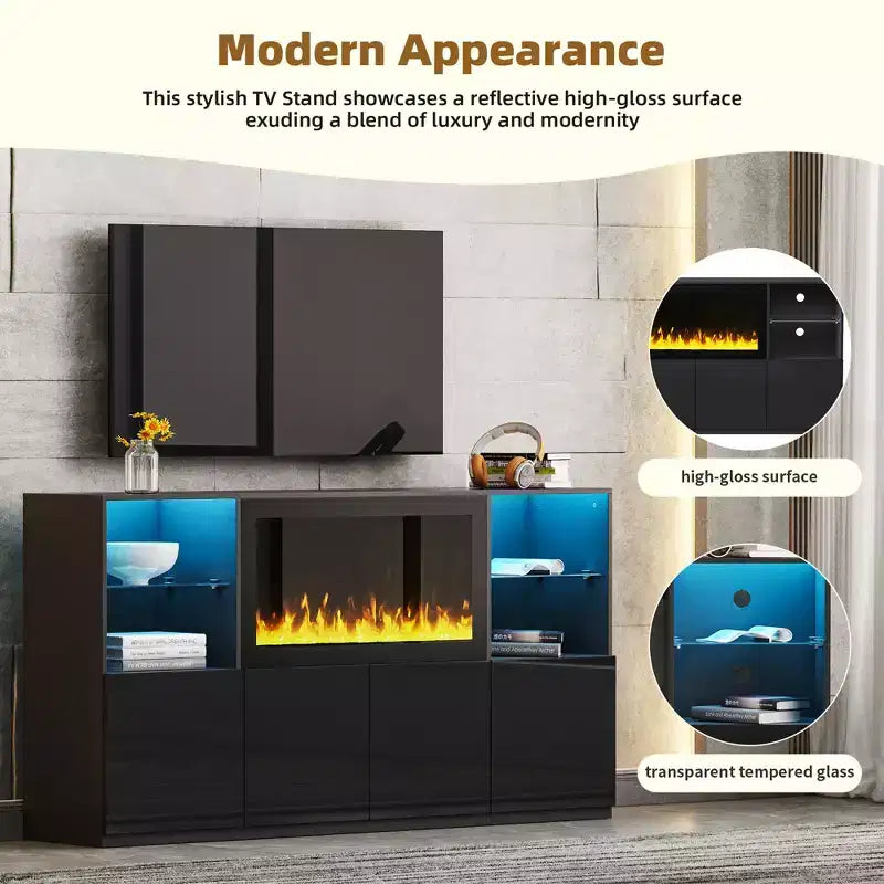Meuble TV moderne avec lumières LED pour téléviseur de 75 pouces, table console multimédia avec étagères en verre trempé et foyer non chauffant