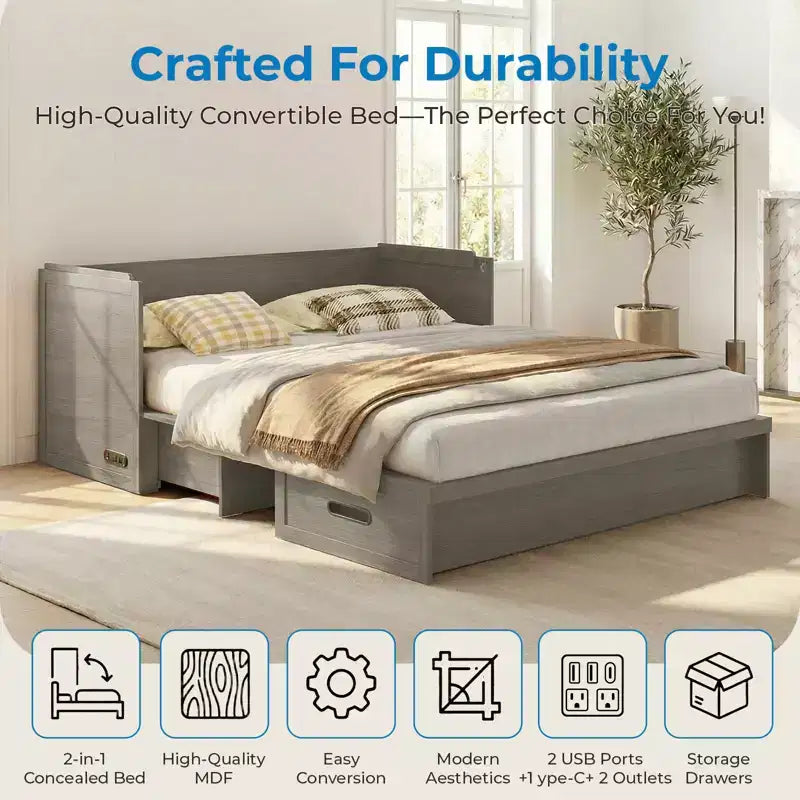 Mjkone Letto a Scomparsa Convertibile Matrimoniale Queen Size con Ricarica USB, Cassetti Contenitori, Materasso Escluso