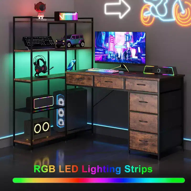 Scrivania per computer a L da 47" con 6 cassetti e mensole a 5 ripiani, scrivania angolare reversibile da gaming con luci LED e prese di corrente