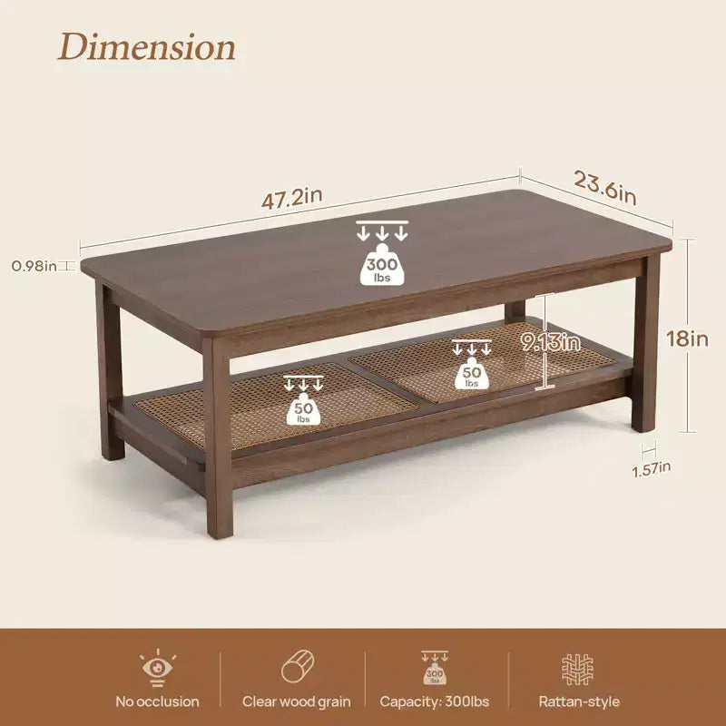 Bekrvio 47.2'' Table Basse Bohème Mid-Century, Table Centrale Rectangulaire Rustique à 2 Niveaux en Bois avec Pieds en Bois et Étagère en Rotin, pour Salon