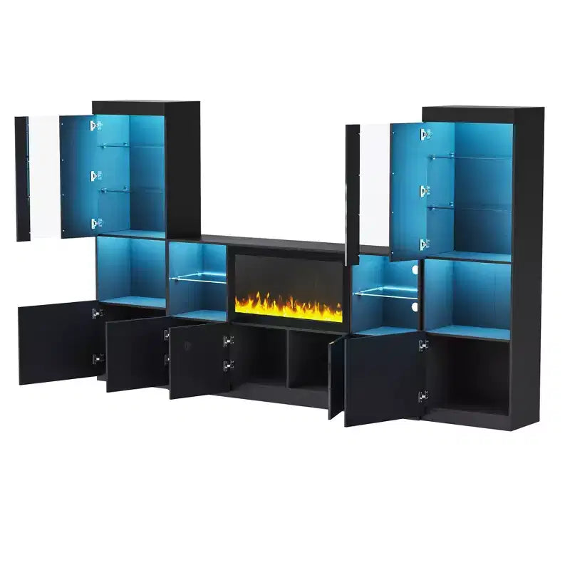 Meuble TV moderne avec lumières LED pour téléviseur de 75 pouces, table console multimédia avec étagères en verre trempé et foyer non chauffant