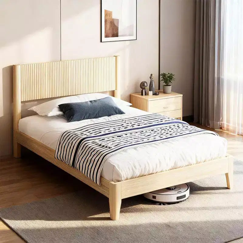 Struttura letto a piattaforma singola in legno massello con testiera a griglia