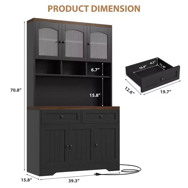 Dispensa da cucina alta 71 pollici con stazione di ricarica, armadio dispensa alto con supporto per microonde, credenza da cucina rustica con cassetti