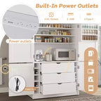 Dispensa Alta da Cucina con Prese di Corrente, Grande Credenza Autoportante con Supporto per Microonde, Cassetti, Scaffali, Portabottiglie e Ante con Ripiani