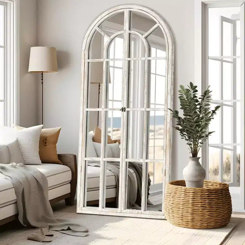 Miroir mural pleine longueur, design cintrée à grille en bois massif, ouvrable, sans support