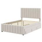 Lit plateforme rembourré pleine grandeur avec lit gigogne double et 3 tiroirs, tissu de lin, beige