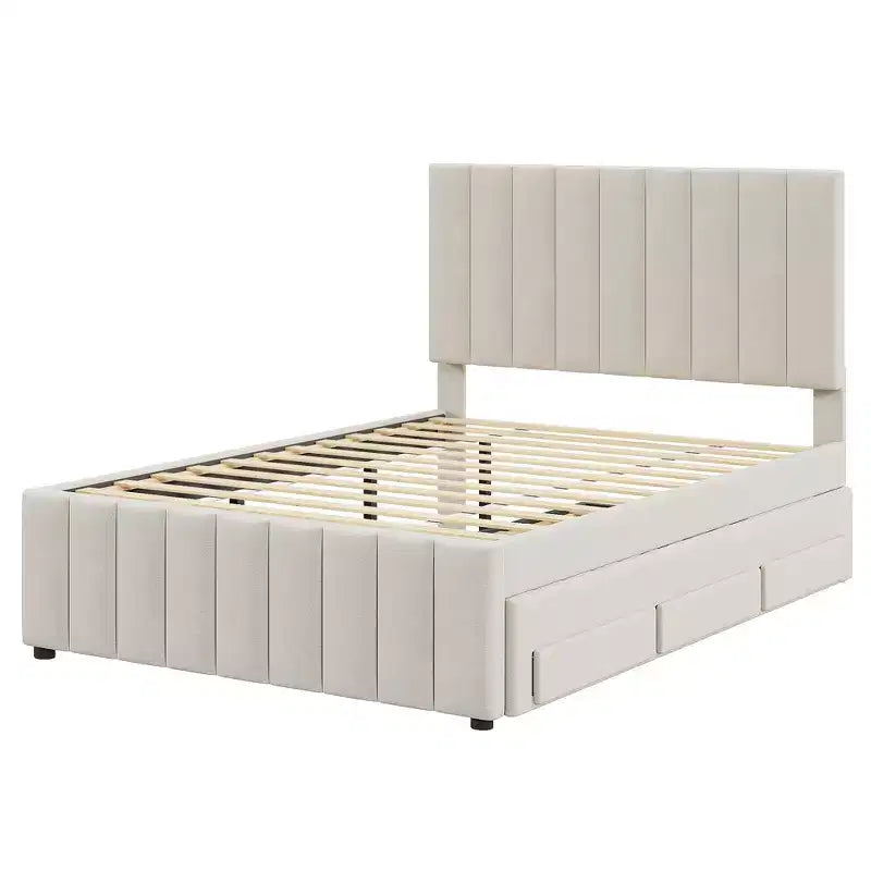 Letto a piattaforma imbottito Full Size con letto estraibile Twin Size e 3 cassetti, tessuto di lino, Beige