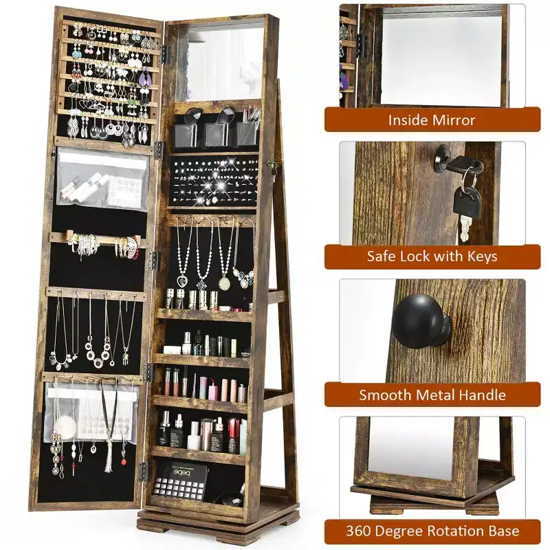 Costway Armoire à bijoux rotative à 360° 2-en-1 Organiseur miroir verrouillable Blanc/Noir/Marron foncé/Gris/Bleu/Rose/Violet/Gris foncé