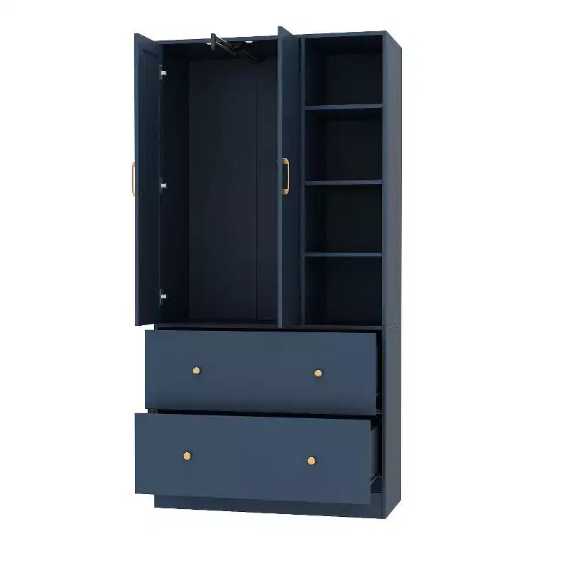 Armoire 2 portes avec miroir, tringle à vêtements et 2 tiroirs