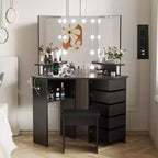 Coiffeuse d'angle avec lumières, table de maquillage avec prise de courant et tiroirs rotatifs pour chambre à coucher