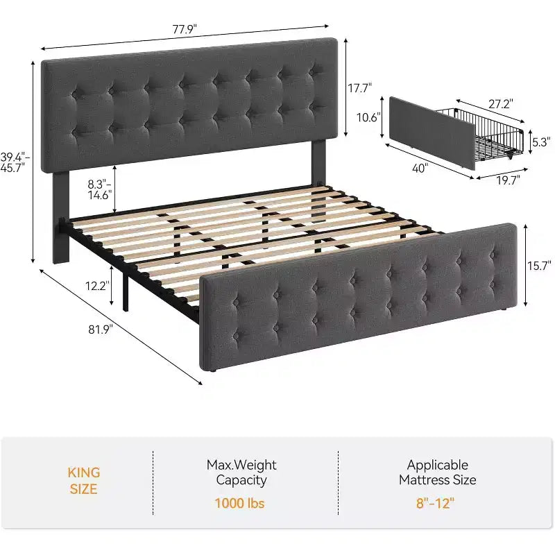 Lit coffre avec 4 tiroirs et tête de lit réglable - Lit plateforme rembourré