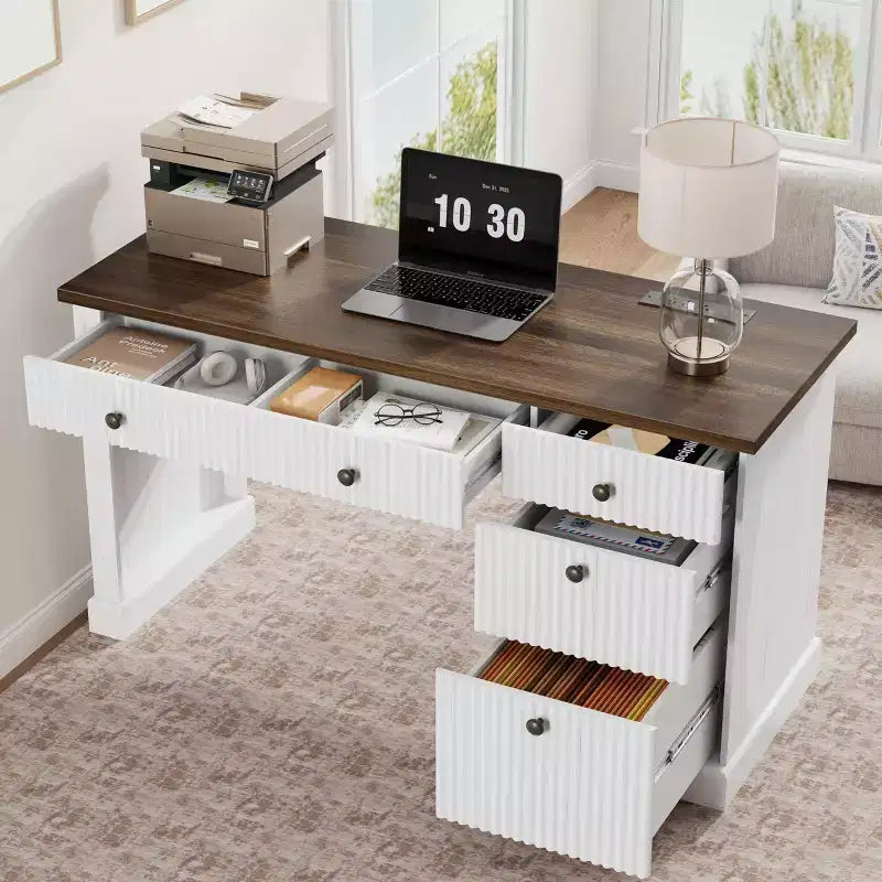 Contenitore scanalato per scrivania da ufficio, scrivania direzionale moderna da 54" con stazione di ricarica, scrivania in legno per computer con cassetti classificatori per studio