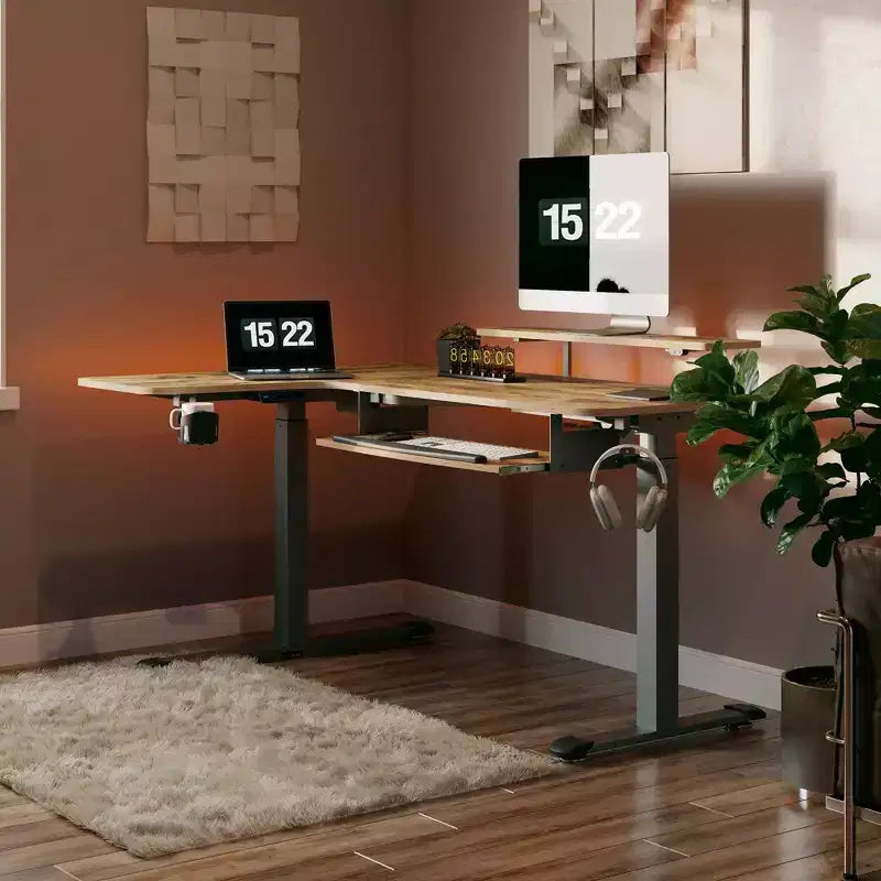 Bureau assis-debout en forme de L EUREKA ERGONOMIC 60x23 avec accessoires