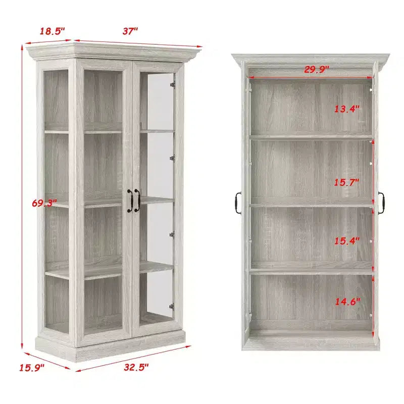 Famapy Libreria Rovere Grigio con Vetro e Striscia Luminosa a LED, Scaffale Alto con Ante, Vetrina per Collezione